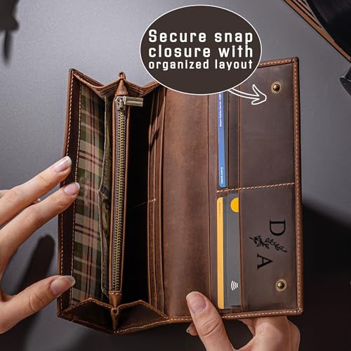 FRED PARKER Custom Leather Wallet for Women – Personalized Cowhide Long Wallet, Handmade Trifold Wallet with Card Slots, Stylish Gift for Her (Customizable, Gray, 7.8x3.7)2