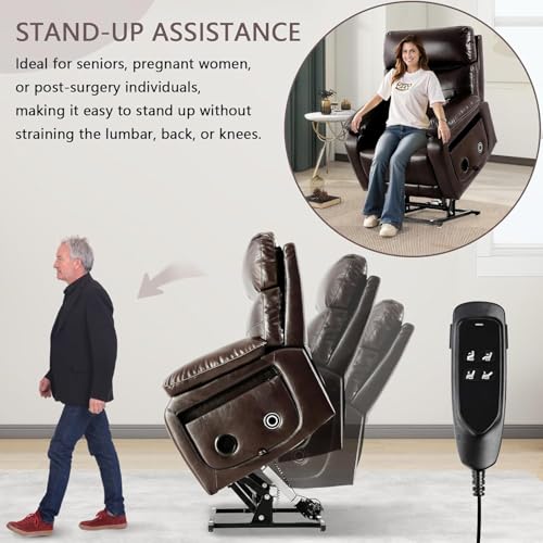 Image of Motorized Power Lift Recliner Chair for Adult & Elderly, Position Lay Lift Chair, Cup Holder, Lumbar Pillow, Wireless Charger, Leather (Brown)