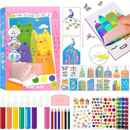 Image of Amitasha Rainbow Scratch Paper Art Painting Kit for Kids Squeeze Dot Magic DIY Postcard Activity Set, Squeegee Creative Gifts for Girls and Boys