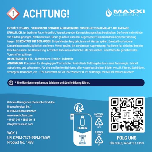 Maxxi Clean 1 x 750 ml Reinigungsmittel für Saugroboter mit Wischfunktion I Konzentrat mit Frische Duft I Universalreiniger für Fliesen, Laminat, Parkett I kompatibel mit gängigen Herstellern
