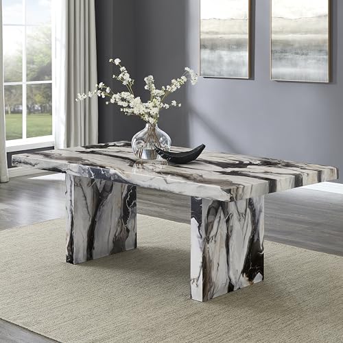 Image of Roundhill Furniture Cavira 7-Piece Modern Faux Marble Dining Set, Double Pedestal Table with 6 Upholstered Chairs