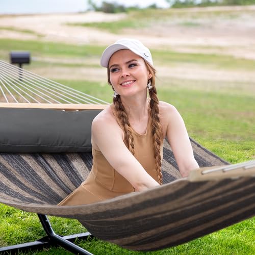 Image of SUNCREAT Hammock with Stand 2 Person Heavy Duty, Freestanding Hammock with Spreader Bar, Soft Pillow, Gray Stripes