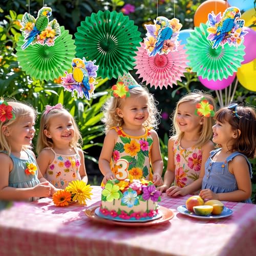 Image of PAPER JAZZ Tropical Toucan Hibiscus Party Decorations, Hawaiian Jungle Theme Supplies, Yellow Pink Hanging Ornaments for Luau Tiki Party