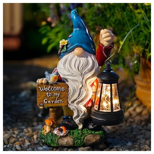 ZQQLITE Garden Gnome Statues Figurine Lights - Solar Powered Lighting Outdoor Decorations with Lantern & Welcome Sign, Yard Art Lawn Ornaments for Porch Patio Balcony - Gnome Gifts for Women Mom