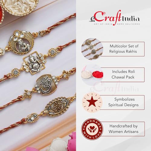 Image of eCraftIndia Set of 4 Golden Laddu Gopal, Lord Krishna Playing Flute, Lord Ganesha, and Shivling Religious Rakhis with Green Red Threads, and Roli Chawal Pack