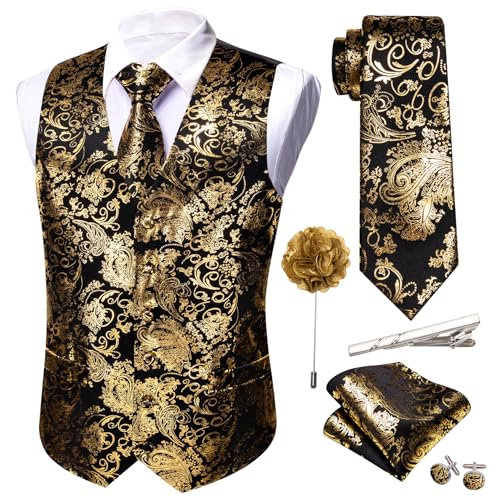 Barry.Wang Mens Shiny Disco Vests Party Nightclub Paisley Metallic Gothic Vest Tie Handkerchief Cufflink Clip Brooch 6PCS