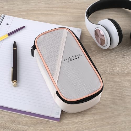 Image of Five Star Pencil Pouch Zipper High-Capacity Storage Organizer Case for Office Supplies Earbuds Chargers Cables Makeup, Tan /Pink (500212C)