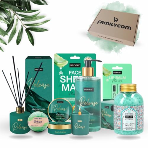 Familycom. Caja de Regalo Original. Cesta de baño con productos para el cuidado de la Piel con propiedades Nutritivas e hidratantes. Ambientador, Vela, Cremas. Set de Belleza para Hombres y Mujeres.