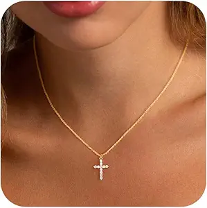 Cross Necklace for Women - Dainty Necklaces Trendy Small 14K Gold Plated Hypoallergenic Infinity Crown Cross Cubic Zirconia Pendant Box Rope Chain Necklace for Women Non Tarnish Jewelry Gift