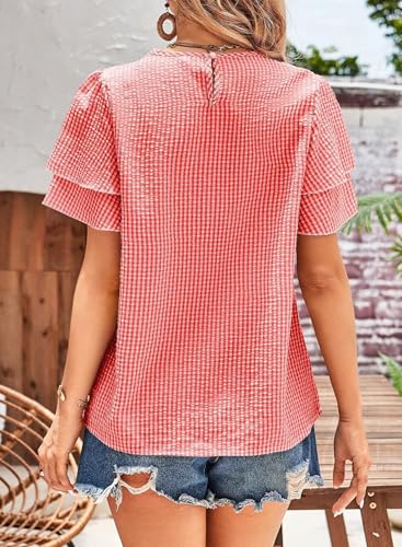Womens Tops Dressy Casual Cute Babydoll Ruffle Sleeve Blouses Summer Gingham Flowy Peplum Peasant Shirts3