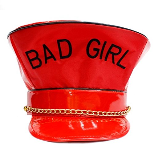 Bad Girl Red PVC Hat with Gold Chain – Shiny Vinyl Fancy Dress Cap for Hen Parties, Festivals & Club Nights