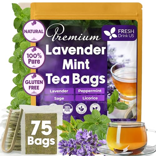 Image of FreshDrinkUS, Premium 75 Tea Bags Lavender Mint Tea, 100% Natural, Blend of Lavender, Peppermint, Sage and Licorice. Made with Natural Material Tea Bags. No Sugar, No Caffeine, Vegan.