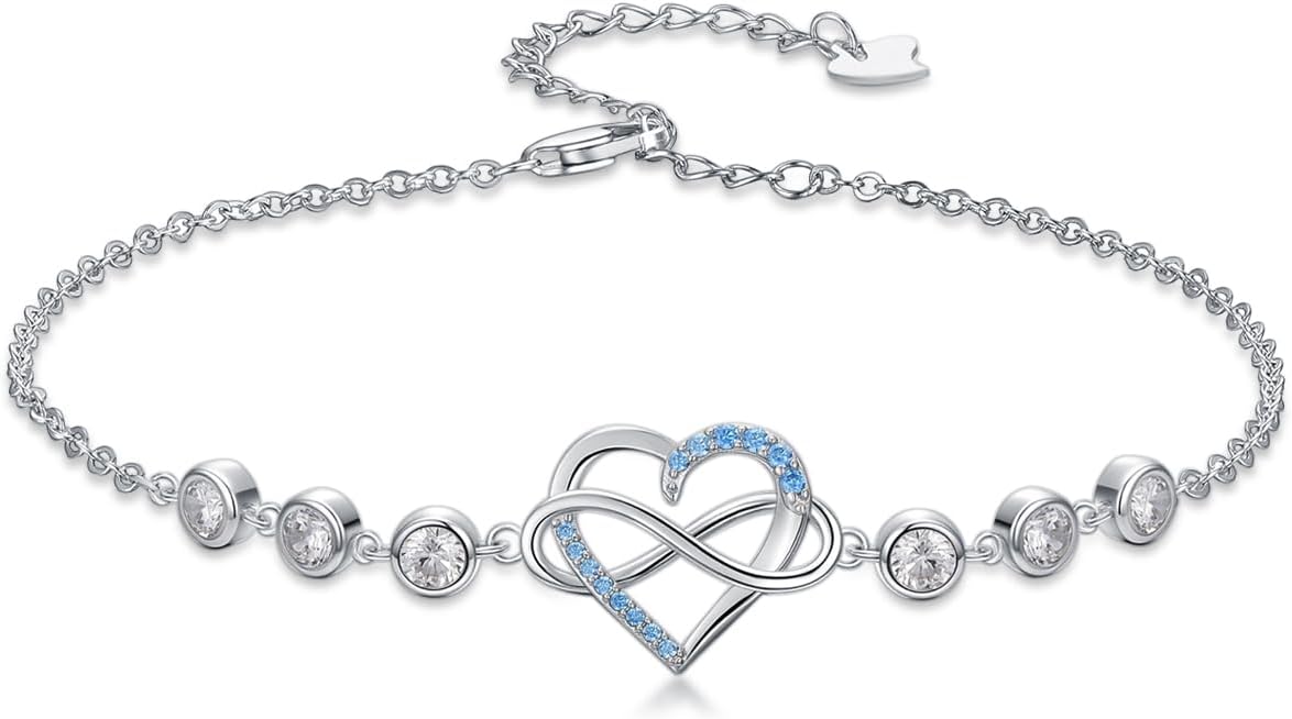 Christmas Gifts for Women, Infinity Heart Symbol 925 Sterling Silver Adjustable Anklets for Women with Cubic Zirconia/Gemstones, Endless Love Jewelry Gifts for Her