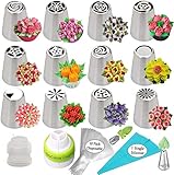 🎁 Juego de decoración de cupcakes perfecto: tendrás todo lo que necesitas para comenzar a decorar tus cupcakes, pasteles, galletas, muffins, pasteles como un profesional. Este juego de puntas rusas de 27 piezas incluye 12 puntas rusas para glaseado, 2 puntas para ribete de hojas, 1 acoplador tricolor para ribetes de flores de colores, 1 acoplador de un solo color para cambio rápido de punta, 10 bolsas pasteleras desechables, 1 bolsa de silicona reutilizable descripción del gráfico).