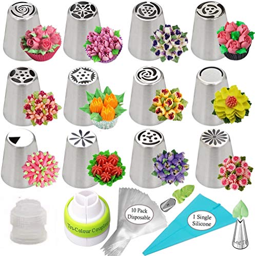 27 Ensemble de douilles russes comprenant 12 douilles russes pour décoration de gâteaux, 2 douilles fleurs, 2 coupleurs 10 sacs, 1 poche à glaçage, outils de décoration de gâteaux Cover