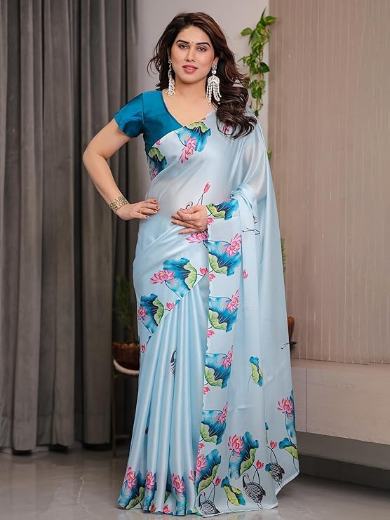 Image of Sky Blue Satin Georgette Saree with Lotus & Crane Print, Attached Blouse, Nature-Inspired Designer Drape
