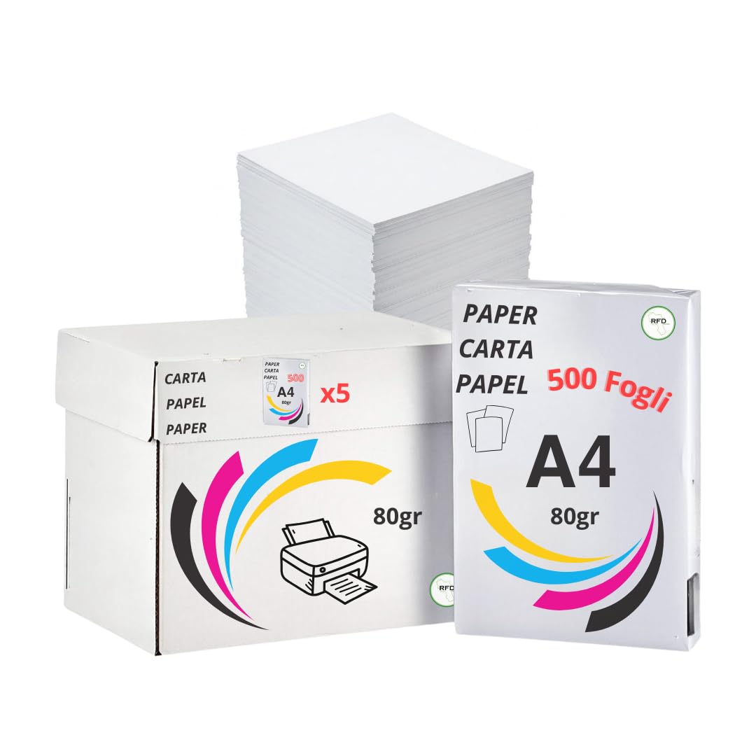 Carta da Stampa A4 Multiuso 80gsm, 2500 Fogli 5 Risme per Fotocopie e Stampante