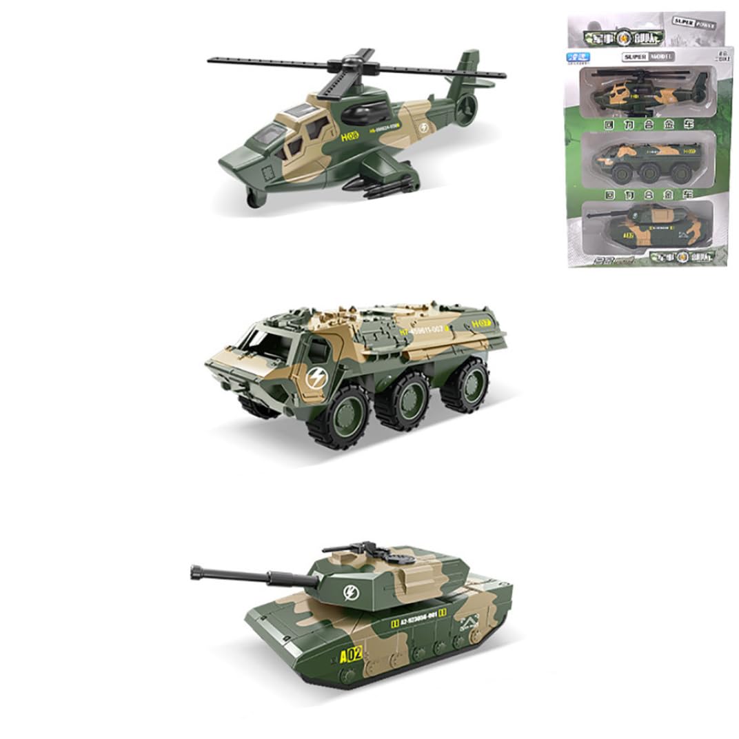Modelli di Veicoli Militari in Lega di Veicoli pressofusi da 3 Pezzi, Giocattoli per Auto con Set da Gioco per elicotteri da Attacco con Carri Armati per Bambini Piccoli