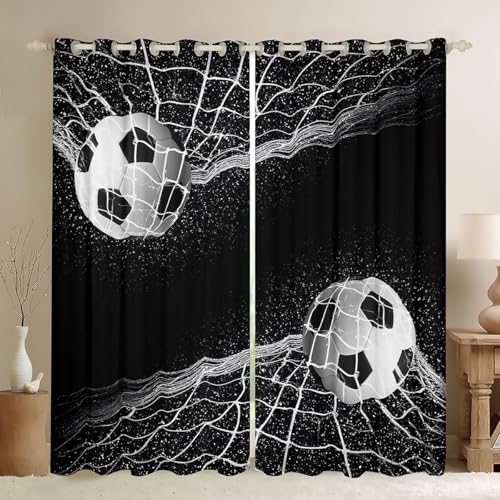 Erosebridal Football Curtains Kids Boys Soccer Pattern Window Curtain Panels, Sports Games Theme Window Drapes for Children Teens Adult Men Black White Window Treatment Set Decorative Room 104