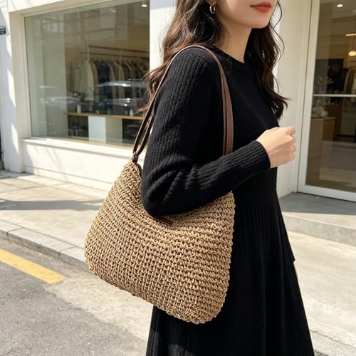 Bolso Tote tejido de paja para mujer miniatura 3