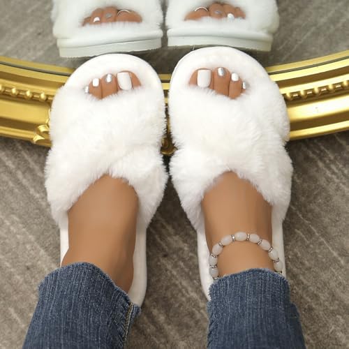 Womens Fuzzy Slides Slippers Open Toe Cross Band House Slippers Indoor/Outdoor Cozy House Shoes