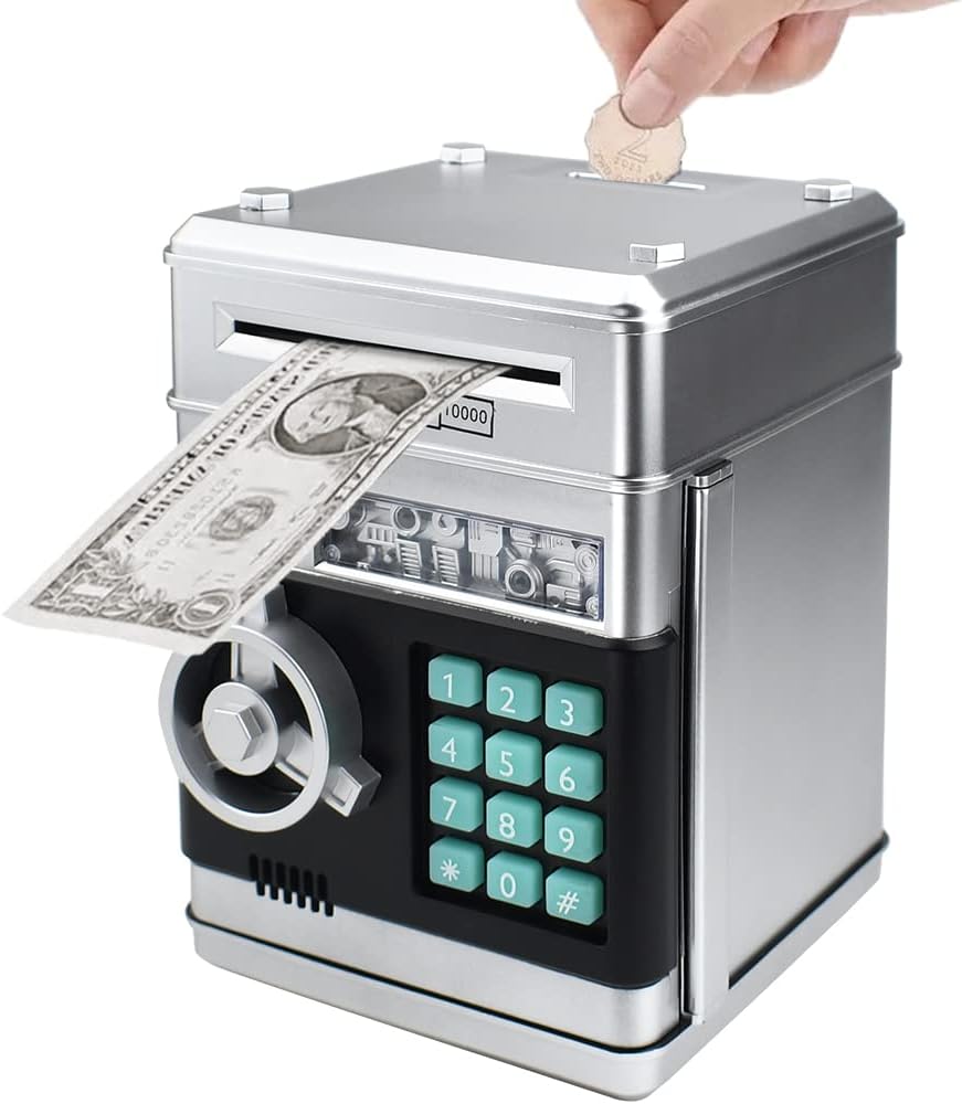Piggy Bank Electronic Mini ATM for Kids Baby Toy, Safe Coin Banks Money Saving Box Password Code Lock for Children,Boys Girls Best Gift (Silver)