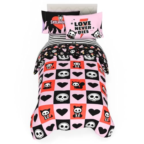 Image of Skelanimals Bedding 5 Piece Twin Bed Set, Soft Checkered Comforter and Sheet Set with Sham, Kit The Cat, (Officially Licensed Product) by Franco Collectibles