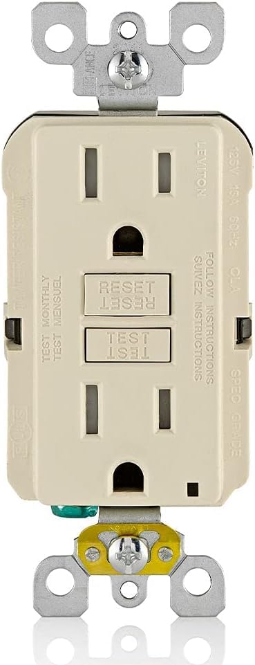 Image of Leviton GFCI Outlet, 15 Amp, Self Test, Tamper-Resistant with LED Indicator Light, Protection from Electric Shock and Electrocution, GFTR1-T, Light Almond (Pack of 10)