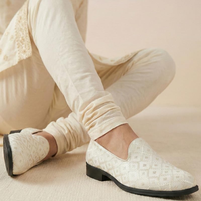 Image of FAUSTO Men Embroidered Sequin Ethnic Slip-On Juttis and Mojaris | Traditional Party Loafer Sherwani Shoes for Wedding, Reception, Cocktail and Festive Outfits