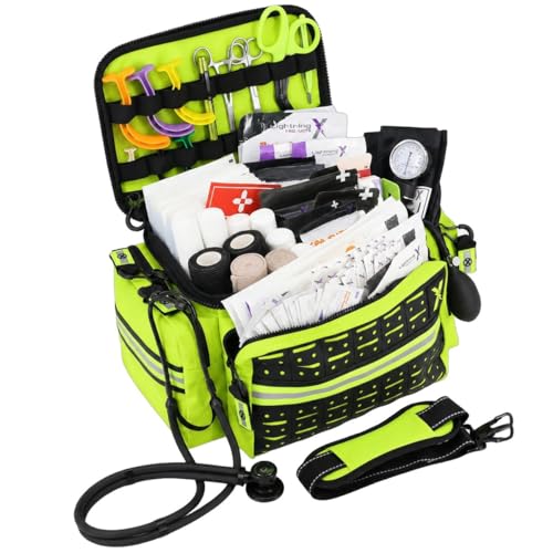 Lightning X Mid-Sized First Responder EMT Bag | LXMB25 | Fully Stocked w/ 240+ First Aid EMS & Trauma Supplies - Fluorescent Yellow