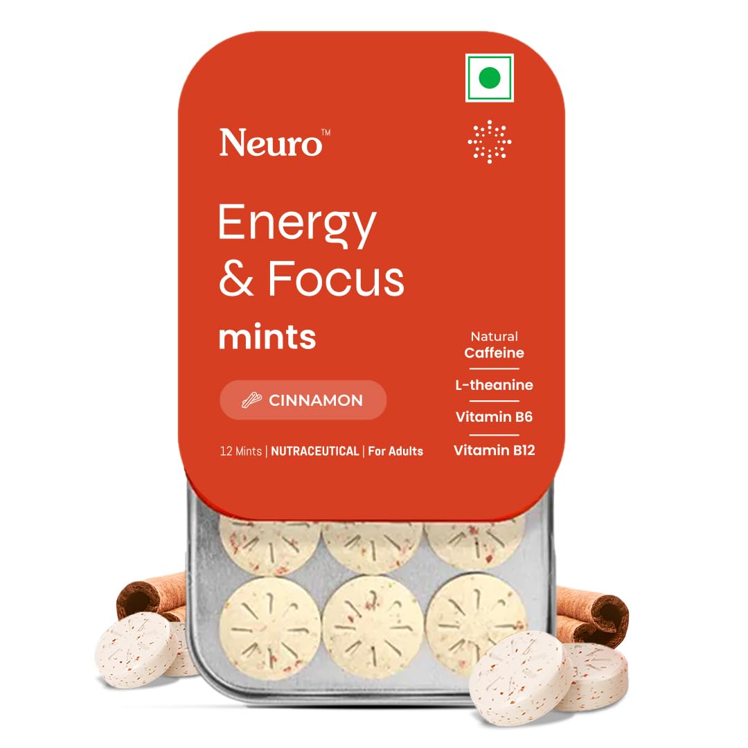 Neuro Energy & Focus Mints - Cinnamon | Quick Energy Boost & Enhanced Focus | Natural Caffeine + 60 mg L-Theanine + Vitamin B6 & B12 | No Added Sugar | Aspartame Free | 24 Mints