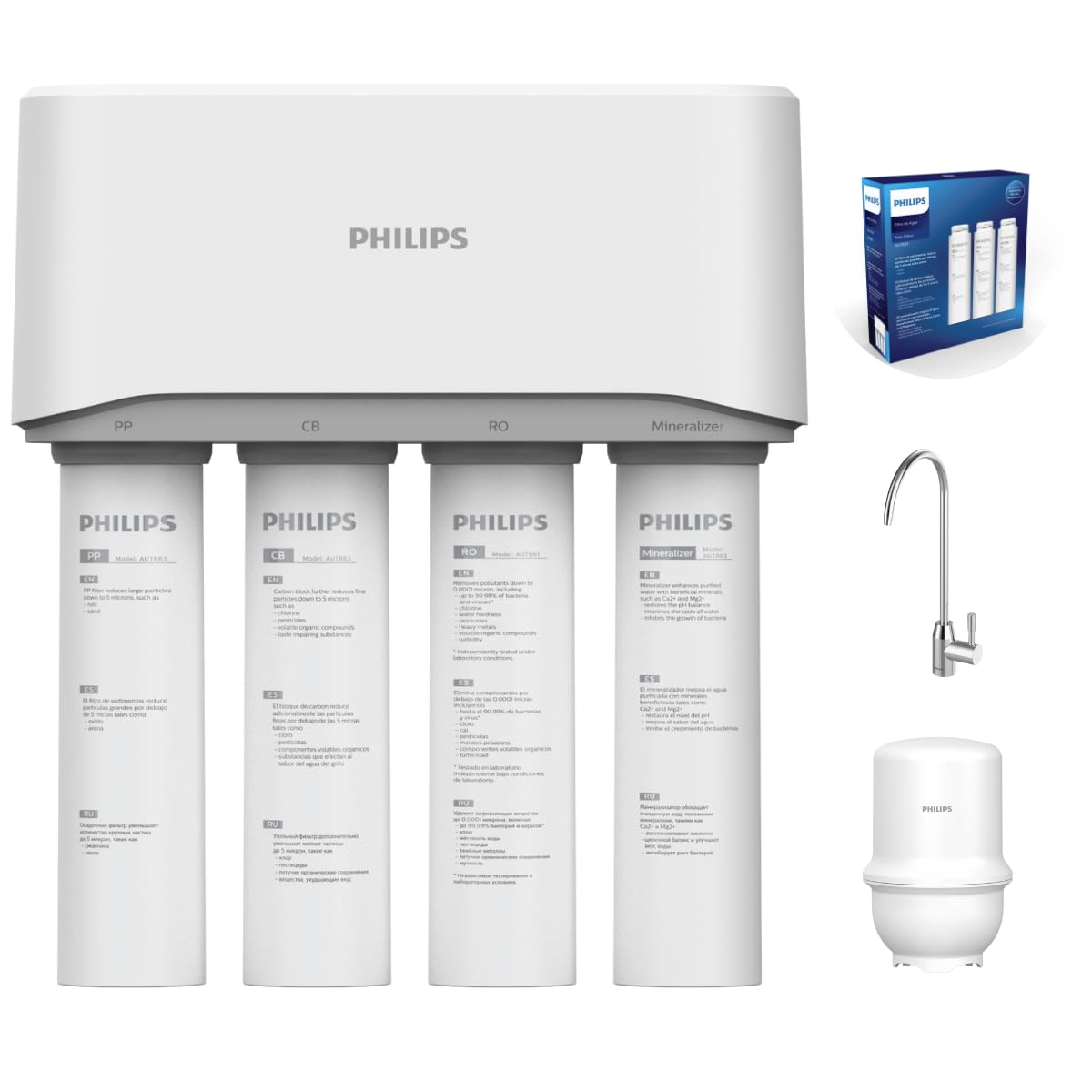 Philips Water 4897099306450 Filtro Grifo, Sistema de Osmosis Inversa Compacto con Tanque 11 Litros, Equilibra el pH del agua filtrada y Mejora el sabor del agua, Facil Instalación, Blanco