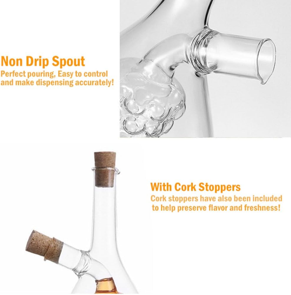Oil and Vinegar Dispenser, 2 in 1 Glass Olive Oil and Vinegar Cruet Dispenser Bottle, Kitchen Olive Soy Sauce Dispenser Double Pourer Spout for Kitchen Cooking Container - Image 4