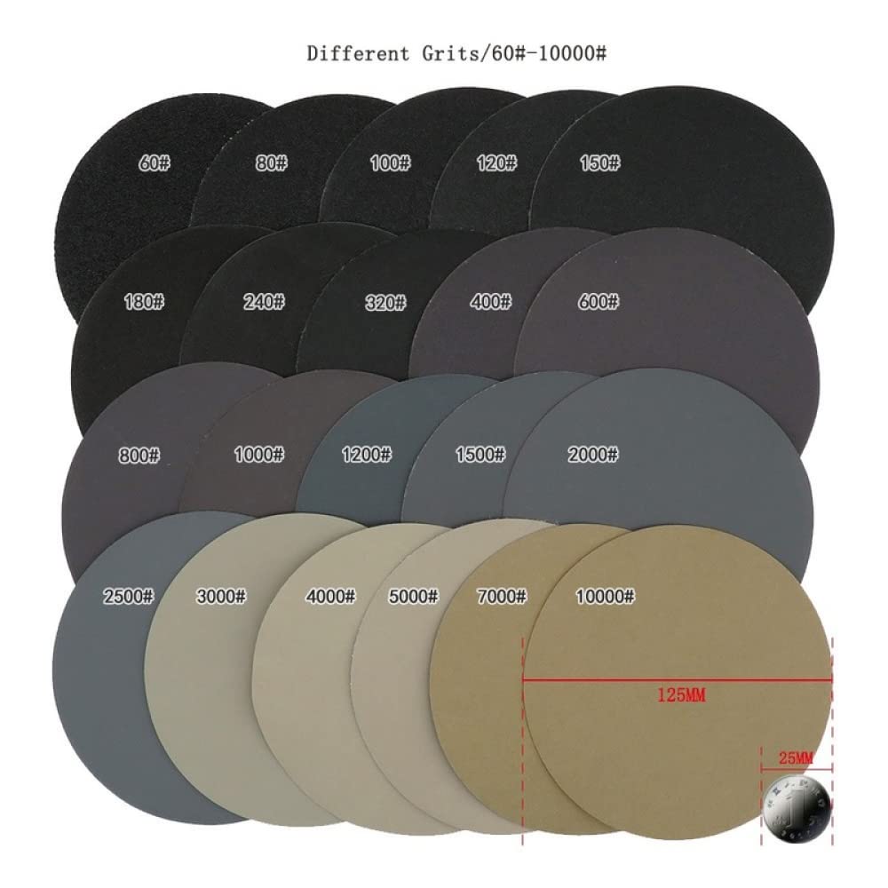 50PCS Papier abrasif sec et humide 5 pouces 125mm Papier abrasif 320-10000 Grit Assortiment Hook & Papier abrasif en boucle pour le polissage, 50PCS