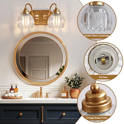 Image of Vintage Gold Bathroom Light Fixtures,2 Light Tulip Crystal | Brushed Gold Vanity Lights,Matte Antique Brass Finish, Mid Century Style,Wall Sconces for Bedroom, Hallway, Easy To Install