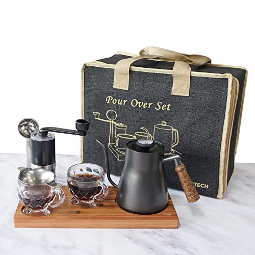 SOTECH Pour Over Coffee Maker Set Chinese Tea Set Wooden Storage Tray Coffee Dripper Glass Server Coffee Scoop DIY Manual Pour Over Kit Black(Portable Natural Jute Bag Set)