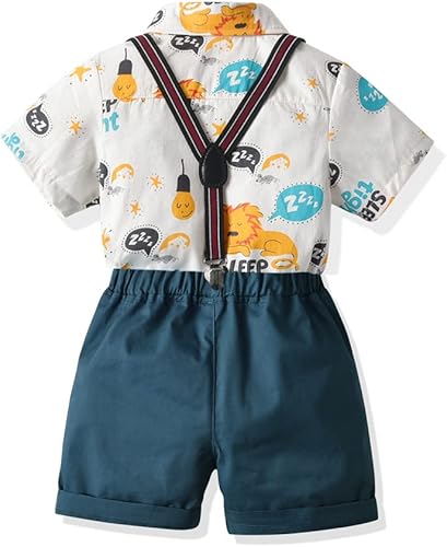 Miniatura 2 de Conjunto formal de caballero para bebé, conjunto corto para niños pequeños, camisa de manga corta + pantalones con tirantes + pajarita, 4 piezas