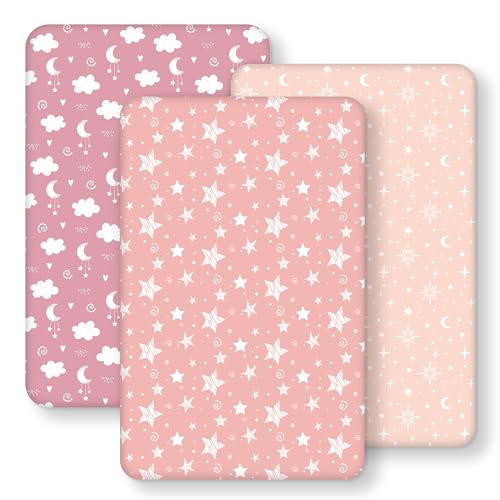 Image of FIEMOL Baby Bedside Bassinet Sheets Fitted, 33”x20” Compatible with Baby Delight Dream On Me & Most Rectangle Bedside Sleeper Bassinet Mattresses, Super Soft Microfiber Pink Stars