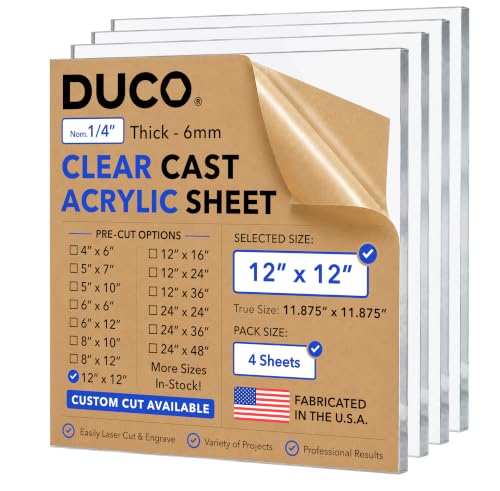 Image of Duco 1 /4 inch Clear Cast Acrylic Sheets, 12 inchx12 inch Plexiglass Sheets, 4 Pack