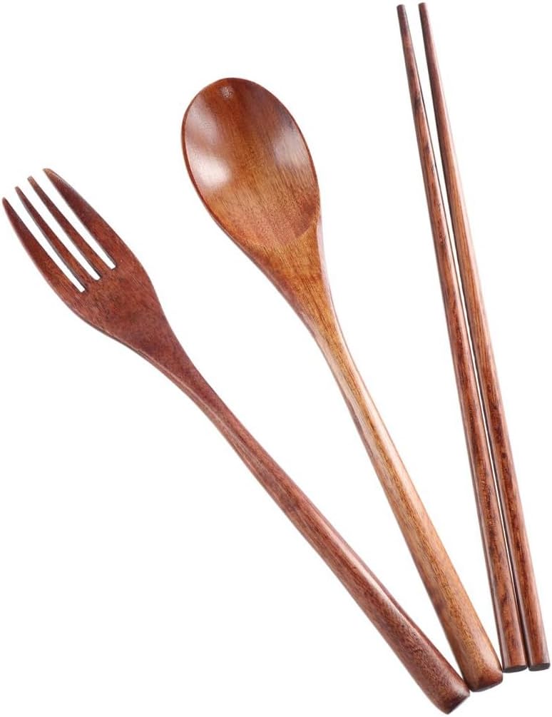 Pokinge 5Pcs Portable Wooden Tableware Set With 1Pcs Plastics Box,Long Handle Wood Cutlery Set With Plastics Case Chopsticks Spoon Fork For Travel