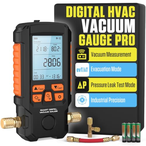 Digital Vacuum Gauge Pro HVAC Vacuum Gauge with Smart Evacuation & Leak Detection Torr/mbar/hPa/inHg 0.2% FS Accuracy Auto Calibration 3 LCD 7/16-20UNF(1/4 SAE)