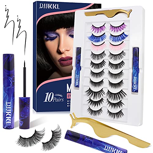 DJJKKL Magnetic Eyelashes, Colored Magnetic Eyelashes with Eyeliner Kit, Magnetic Lashes Reusable Natural Party Looking [10 Pairs - 10 Styles]