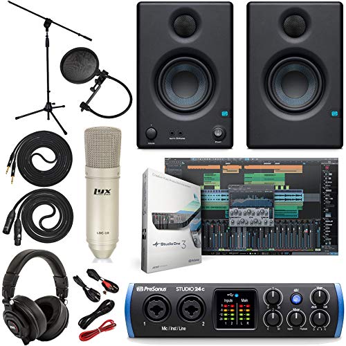 PreSonus Studio 24c 2x2 USB Type-C Audio/MIDI Interface w/Eris 3.5 Pair Studio Monitors and 1/4” TRS to TRS Instrument Cable and LyxPro Recording Bundle