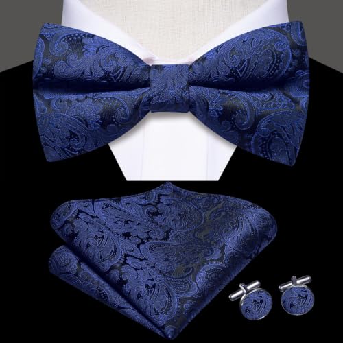 Image of Dubulle Mens Paisley Striped Bowtie Set Pre-tied Bowtie for Men and Pocket Square Set Wedding Business