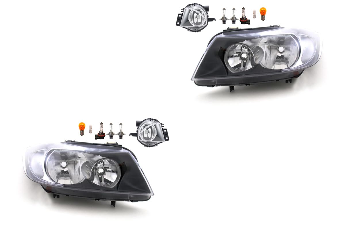 Johns, Set di fari alogeni anteriori adatti per BMW Serie 3 E90 E91 01/2005-08/08 H7 H7 sinistra e destra + fendinebbia + lampadina