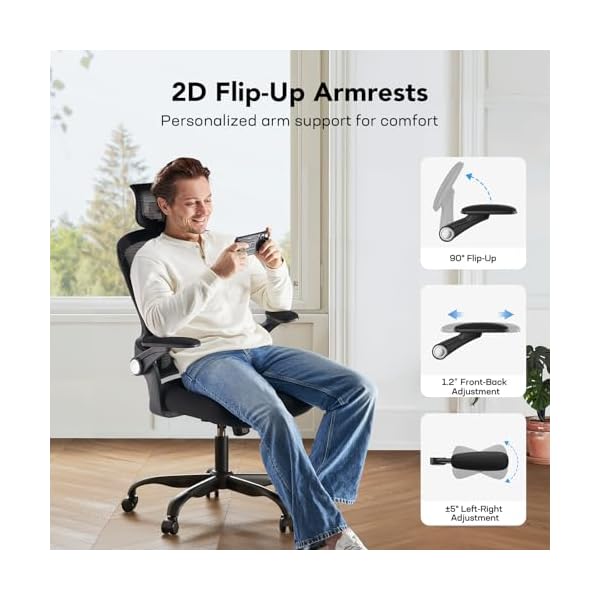 HUANUO Ergonomic Office Chair, High Back Desk Chair with Up&Down Lumbar Support, 3D Flip-Up Armrests, 2D Headrest, Swivel Computer Task Chair with Wheels and Tilt Function for Home & Office, HNOC13