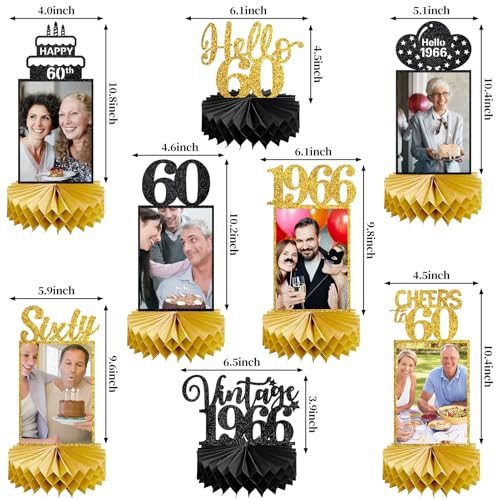 Image of Eucutur 8Pcs 60th Birthday Decorations Honeycomb Centerpieces for Women Men, Black Gold Vintage 1966 60th Bday Photo Table Centerpieces Party Supplies, Glitter Cheers to 60 Year Old Bday Table Topper