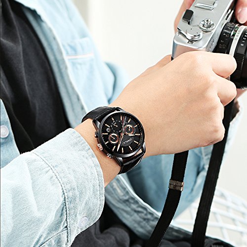 Image of CRRJU Men's Business Casual Chronograph Quartz Waterproof Wristwatch Black Leather Strap
