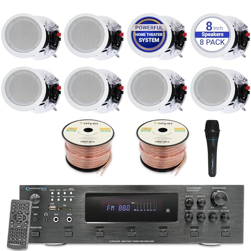 Image of Vaiyer Home Theater Sound System Kit - 6 Channel 6000 Watts Bluetooth Amplifier, 8 Qty of 8 inch Framed Ceiling Speakers 300 W Each, Mic, 500 ft Speaker Wire & Remote for Home, Office, Restaurant