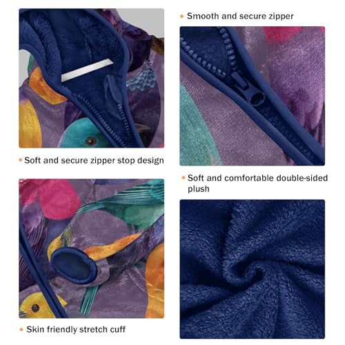 Colorful Birds on Purple Background Toddler Fleece Jacket Girl Boys Hooded Fleece Jacket3